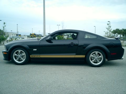 2006 Ford Mustang - Side profile of a black 2006 Ford Mustang Shelby GT-H with gold racing stripes.