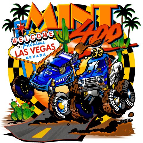 1990 Ford Bronco - Cartoon-style Mint 400 poster showing two stylized off-road race trucks speeding past the Welcome to Las Vegas sign.