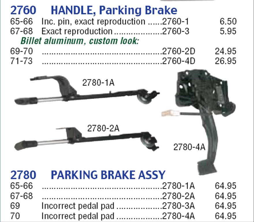 Parts catalog page for parking brake handles and assemblies