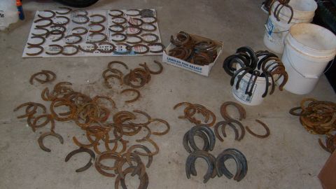 1995 Ford Bronco - A collection of horseshoes are scattered on the floor, some organized in containers, suggesting preparation for sale or storage.