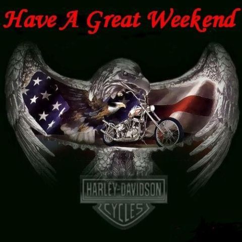 1985 Ford Bronco - Graphic features a motorcycle, eagle, and American flag with text 'Have A Great Weekend'.