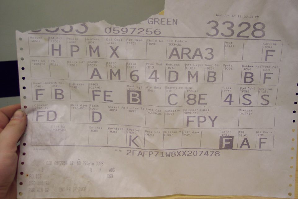 Ford factory build sheet with option code grid and VIN 2FAFP71W8XX207478