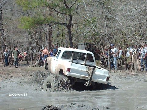 1990 Ford F-150 - A white pickup truck is stuck in a mud pit, with spectators gathered around to watch the event.