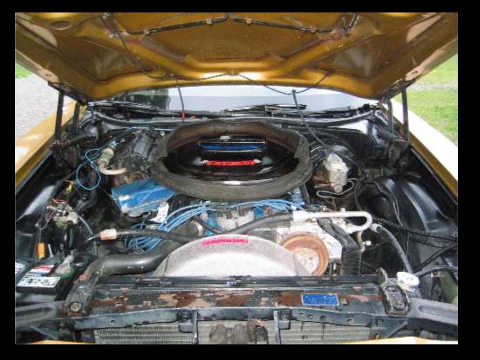 Engine bay of a gold car with an oval air cleaner and blue spark plug wires