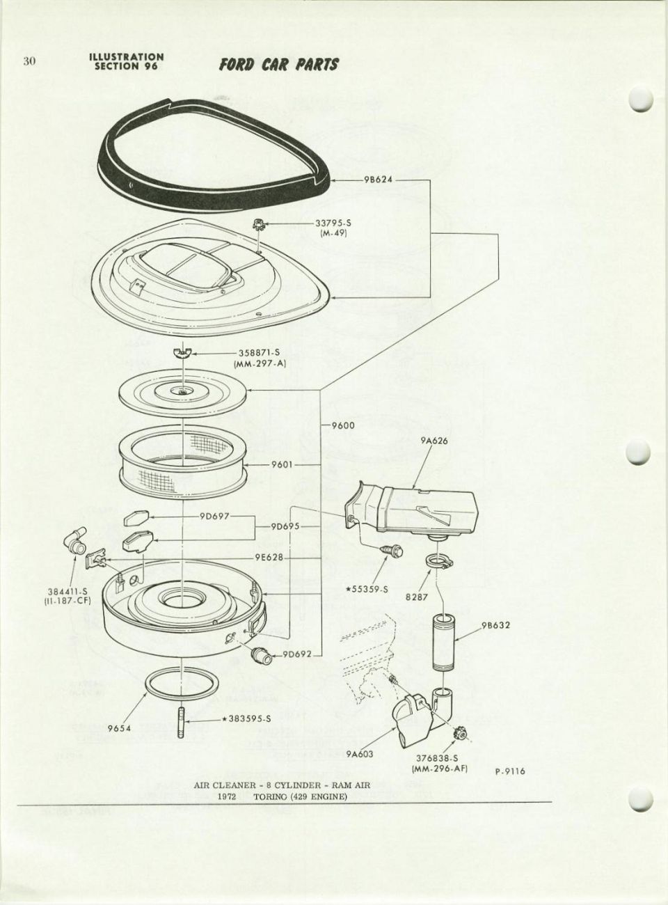 Ford parts catalog page diagram of a 1972 Torino 429 ram-air air cleaner