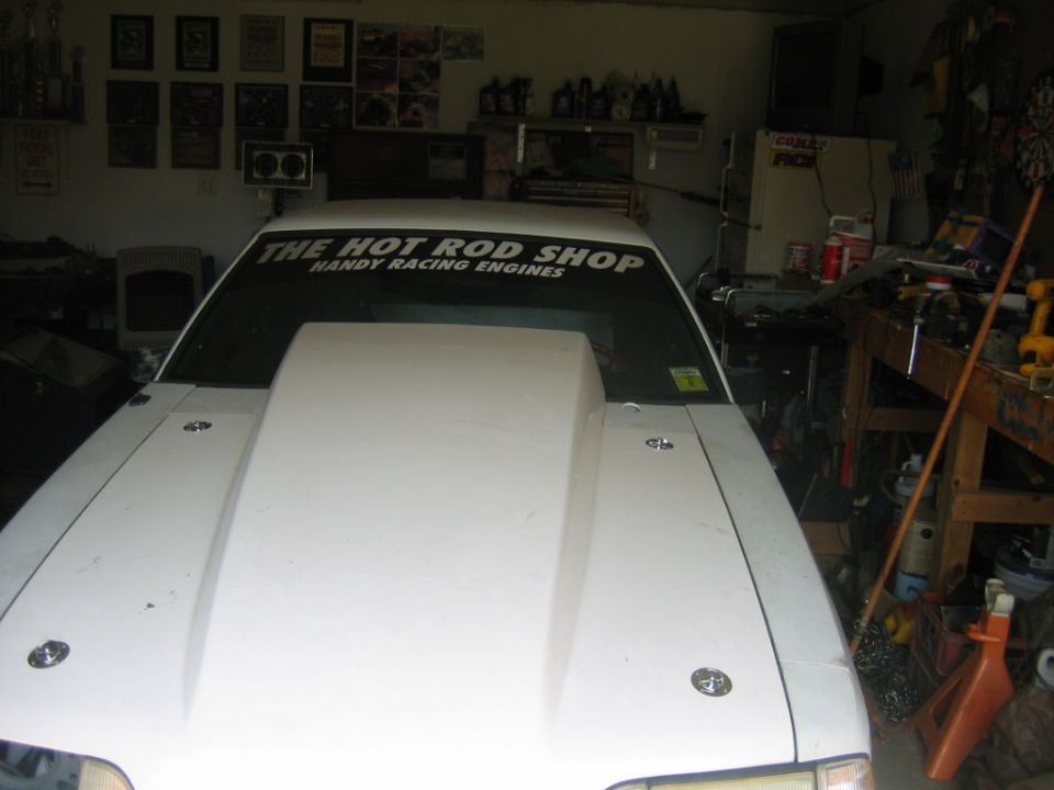 White 1992 Ford Mustang front view with a large hood scoop and "THE HOT ROD SHOP" windshield banner