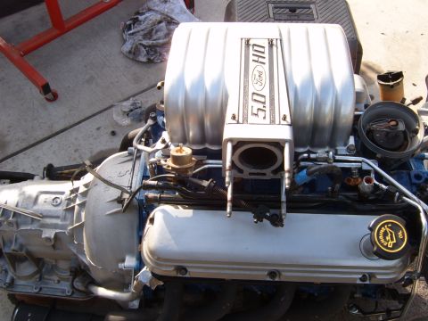 1973 Ford Ranchero - Ford 5.0 HO engine intake manifold and transmission assembly.