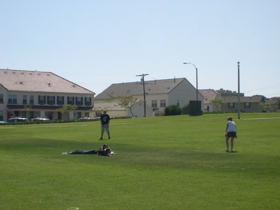 People on a grassy field with buildings in the background