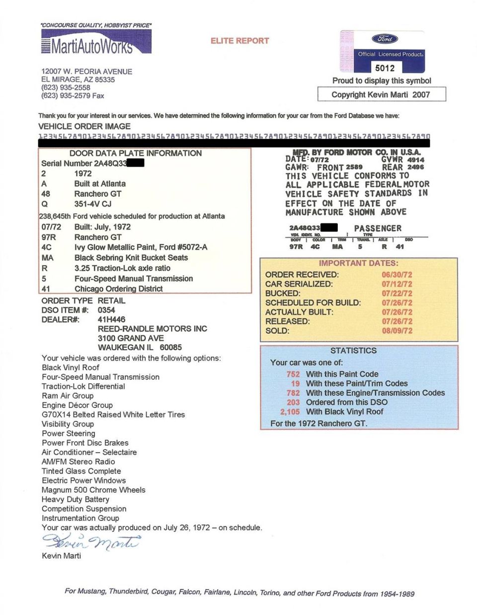 Marti Auto Works Elite Report door data plate sheet for a 1972 Ford Ranchero GT
