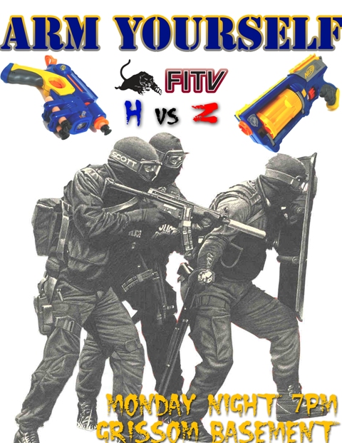 2001 Ford F-150 - Illustration of a SWAT team with toy guns and shields, with text about an event.