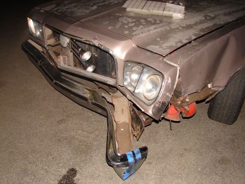 1973 Ford Ranchero - Front view of a 1973 Ford Ranchero showing significant damage to the bumper and front end.
