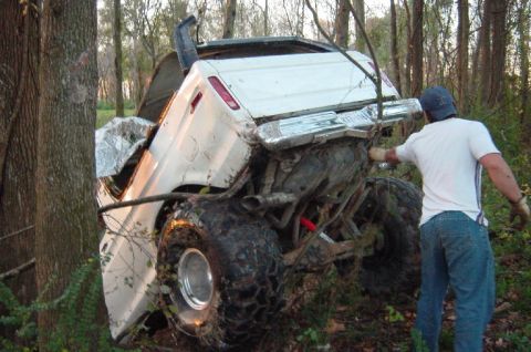 1979 Ford Bronco - A man inspects a white SUV that has become lodged between trees in a wooded area.
