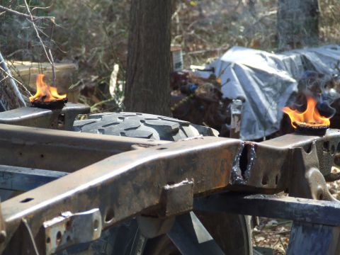 1967 Ford Bronco - Removing un-needed mounts proves to be difficult but got it handled. Notice the frame damage from the original shock mounts. Oh yeah body b…
