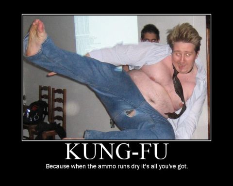 1995 Ford Bronco - A man in jeans and a shirt performs a karate kick, with the text 'KUNG-FU' and a humorous caption below.