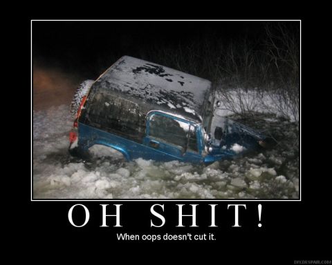 1984 Ford Bronco - A blue SUV is stuck in a snowbank at night, with its rear spare tire visible.