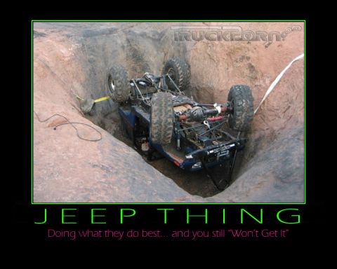 1984 Ford Bronco - An off-road vehicle is stuck on its side in a deep rut, illustrating a common off-road mishap.