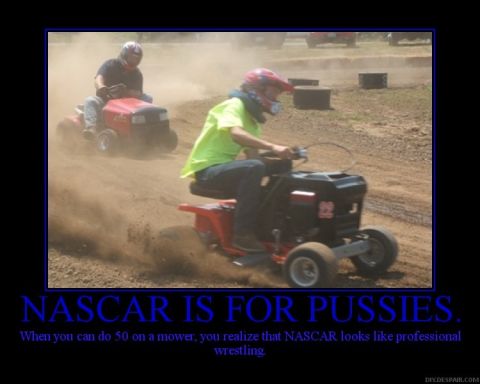 1984 Ford Bronco - Modified lawnmowers race on a dirt track, challenging the notion of professional racing.