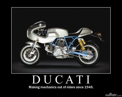 1984 Ford Bronco - A silver Ducati motorcycle is displayed against a black background with the brand name and a slogan below.
