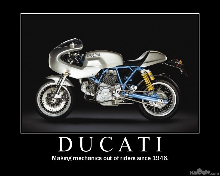 Silver Ducati motorcycle with a blue frame and yellow rear shocks, shown from the side