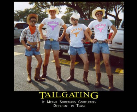 1984 Ford Bronco - Four men dressed in cowboy attire pose for a photo in a parking lot, with text below reading 'TAILGATING'.