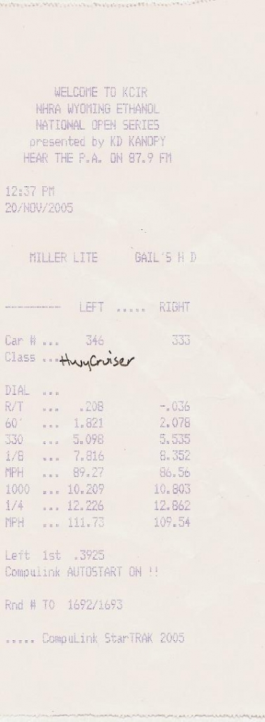 2003 Mercury Marauder - This document details drag strip performance statistics from an event in 2005.