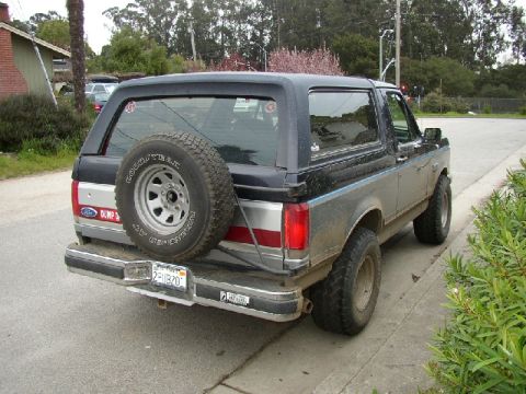 1989 Ford Bronco - This 1989 Ford Bronco is parked on the side of the road, showing its rear end and spare tire.