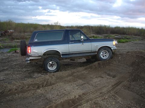 1989 Ford Bronco - This 1989 Ford Bronco is parked on a dirt mound under a cloudy sky.