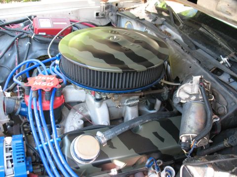 1985 Ford Crown Victoria LTD - Close-up of an engine bay an MSD ignition system and a custom camouflage-patterned air cleaner.