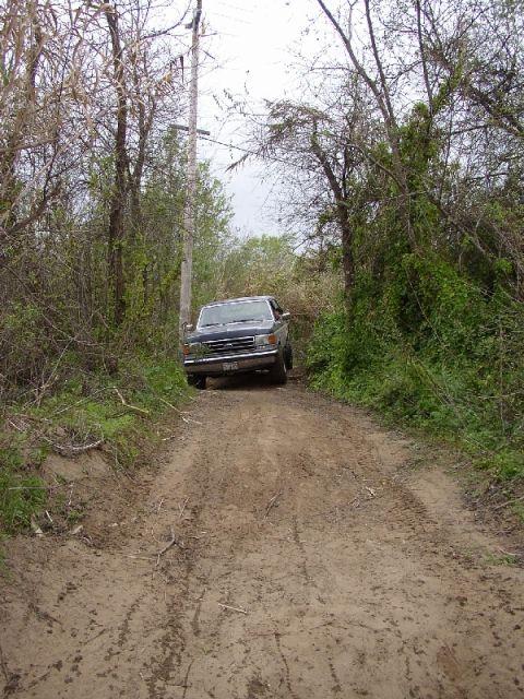 1989 Ford Bronco - A 1989 Ford Bronco navigates a muddy, overgrown dirt road surrounded by trees.