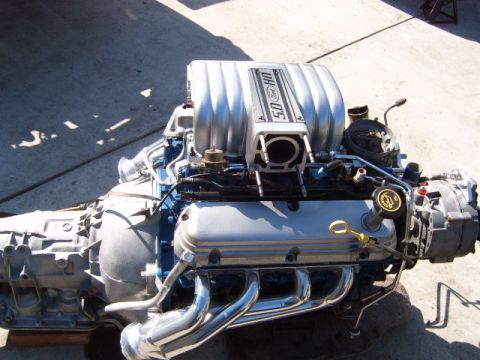1973 Ford Ranchero - A Ford 5.0 HO engine and transmission are shown assembled and ready for installation.