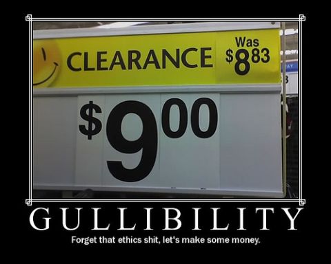 1984 Ford Bronco - A humorous meme about gullibility, a clearance sign with a significant price reduction.