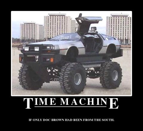 1984 Ford Bronco - DeLorean DMC-12 modified with a monster truck chassis and large off-road tires.