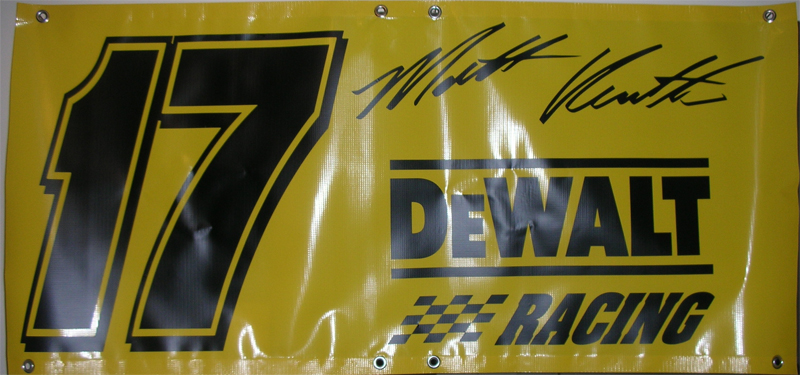 Yellow banner with black number 17, Matt Kenseth's signature, and DEWALT RACING logo