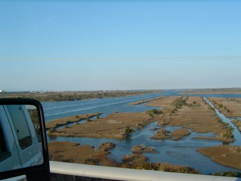 1979 Ford Ranchero - A white vehicle's side mirror shows a reflection of a marshy landscape with a waterway.