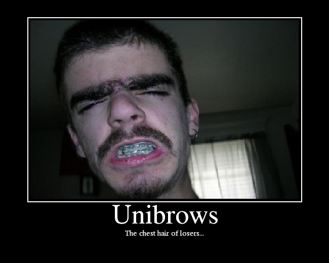 Demotivational joke poster captioned Unibrows with a close-up portrait