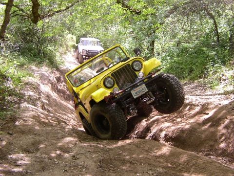 1989 Ford Bronco - Two off-road vehicles navigate a challenging dirt path through a wooded area.