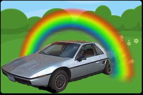 1971 Ford Ranchero - A silver Pontiac Fiero is pictured with a rainbow and stars against a green background.