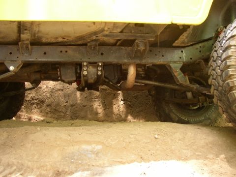 1989 Ford Bronco - Undercarriage detail of a vehicle, focusing on the frame and suspension components.
