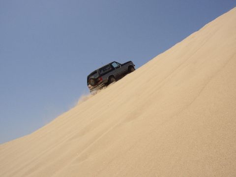 1989 Ford Bronco - SUV navigates a steep sand dune on a sunny day.