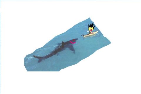 1991 Ford Bronco - A shark approaches a kayaker in the water, with a cartoonish figure on the surfboard.
