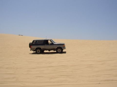 1989 Ford Bronco - A two-tone Ford Bronco navigates a sandy landscape on a clear day.