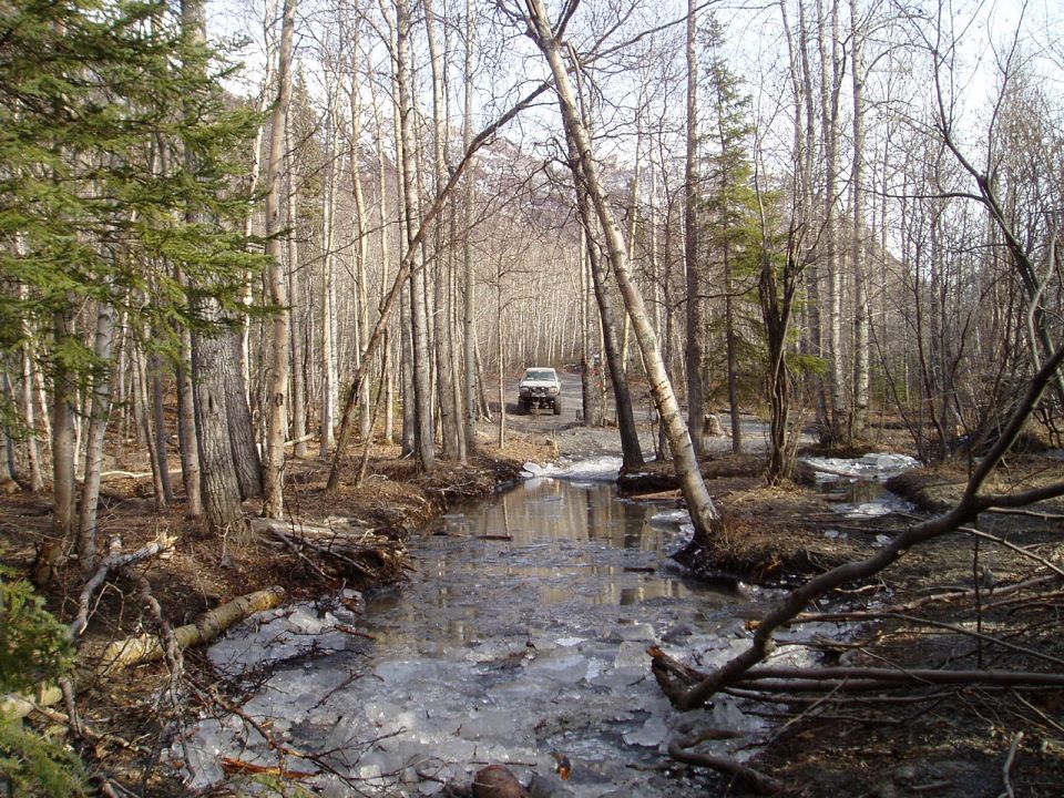 White SUV drives on a dirt road through a forest with a partially frozen stream in the foreground