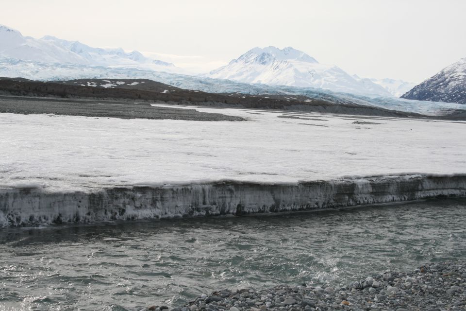 icy river flowing past a glacier with snow-capped mountains in background