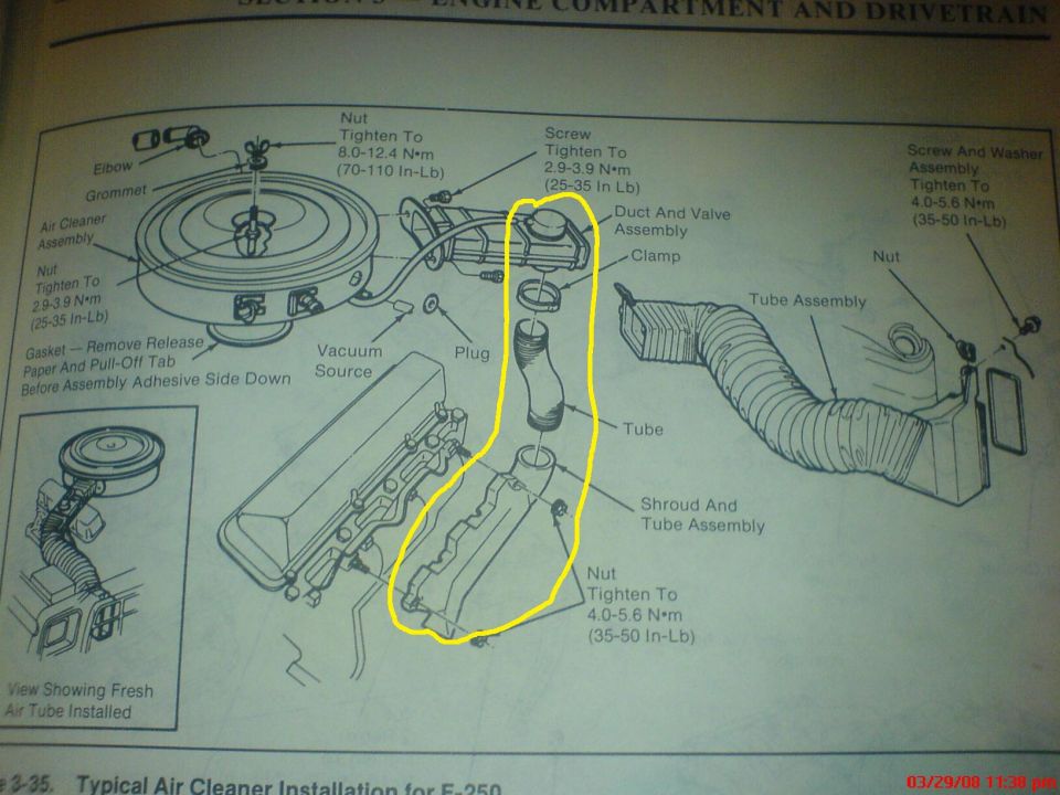 F-250 typical air cleaner installation diagram with torque specs for duct and tube assemblies
