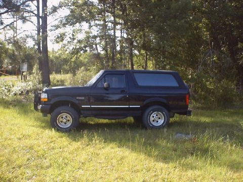 1995 Ford Bronco - This black SUV is parked in a grassy area with trees in the background.