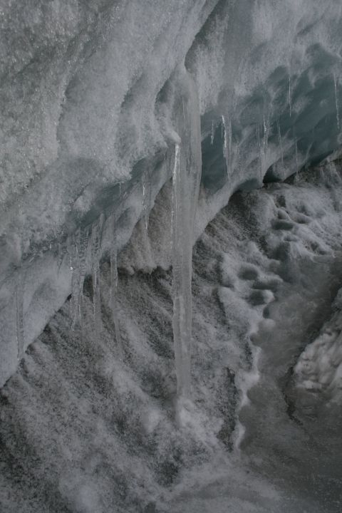 2003 Jeep TJ - Close-up view of icicles and textured ice formations.