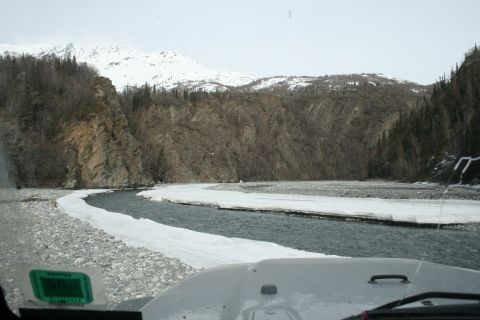 2003 Jeep TJ - Driving through a scenic river valley with snow and ice present in late March.