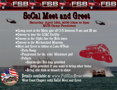 1986 Ford Bronco - Event flyer details a meet and greet with activities including a parts swap and potluck.