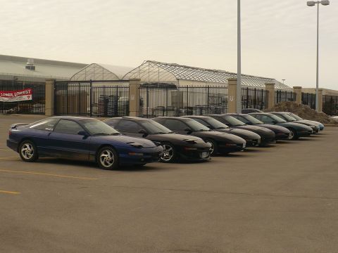 1993 Ford Probe - A row of Ford Probes are parked in a lot, with a building greenhouses in the background.