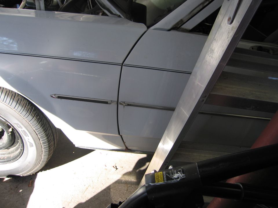 White car fender and door with chrome trim, partially obscured by a ladder
